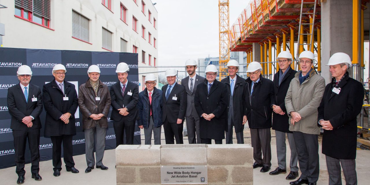Jet Aviation holds groundbreaking ceremony for new wide-body hangar in Basel.